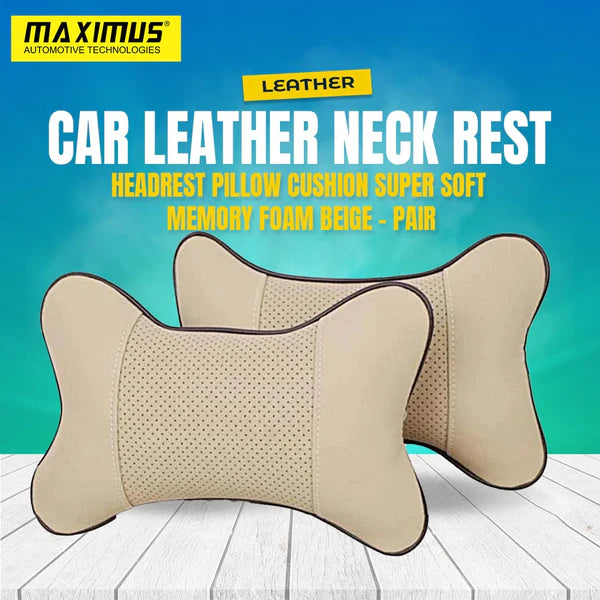 Leather Neck Rest Headrest Pillow Cushion Super Soft Memory Foam Beige - Pair